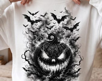 Spooky Pumpkin PNG, Halloween Ghost Pumpkin Shirt Design, Creepy Bat Jack O Lantern Graphic, Vintage Halftone Horror Artwork Tee, DTF Print