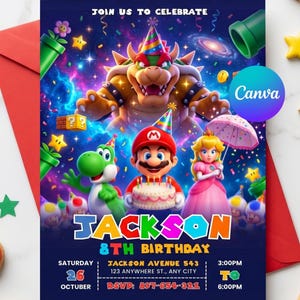 May include: A vibrant birthday invitation featuring Mario, Princess Peach, Yoshi, and Bowser. The invitation includes the text "JOIN US TO CELEBRATE" and "JACKSON 8TH BIRTHDAY". The date is October 26th, with RSVP information and a time range.
