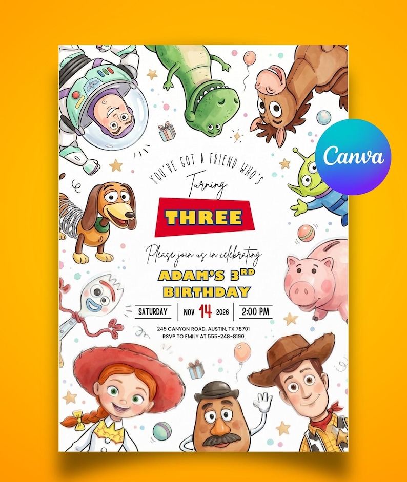 May include: A birthday invitation card featuring cartoon characters including a space ranger, a green dinosaur, a brown horse, a spring dog, a spork, a pig, a potato figure, and a cowboy. Text reads: You've got a friend who's turning THREE, Adam's 3rd birthday.