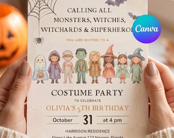 Zaproszenie na imprezę urodzinową „Calling All Monsters”, zaproszenie na imprezę urodzinową „Halloween”, zaproszenie na imprezę kostiumową dla dzieci „Halloween”, zaproszenie na imprezę urodzinową „Potwory”