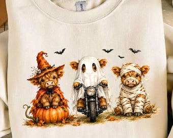 Zabawna halloweenowa krowa góralska w formacie PNG, upiorna krowa góralska w jesiennym wzorze sublimacji na koszulkę, słodka dynia, modna cyfrowa grafika do pobrania w formacie DTF