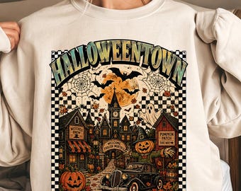 Vintage Halloweentown PNG, projekt koszulki Pumpkin Village, nawiedzona scena dyni, retro upiorna sublimacja sezonu, grafika jesiennego Halloween PNG