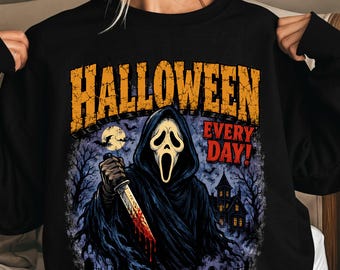 Klasyczna postać z horroru w formacie PNG, retro horrory z sublimacją, projekt koszulki z przerażającym sezonem slasherów, cyfrowe pobieranie wersji vintage z jesieni