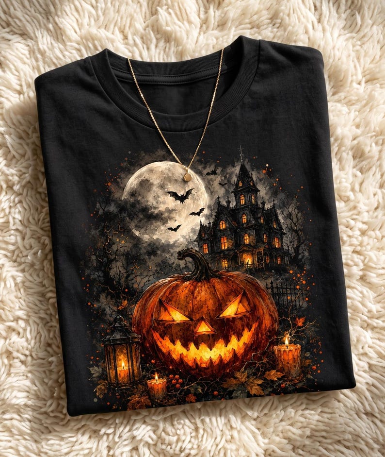 May include: A black t-shirt featuring a graphic print of a glowing jack-o'-lantern, a haunted mansion, a full moon, and flying bats. The design includes lit lanterns and candles in a dark, atmospheric setting. A thin gold chain necklace rests on top.
