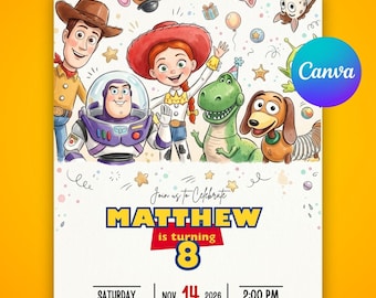 Edytowalne zaproszenie urodzinowe Toy Story dla każdego wieku, zaproszenie na przyjęcie Toy Story, zaproszenia urodzinowe dla dzieci, edytowalny szablon Canva (pobranie cyfrowe)