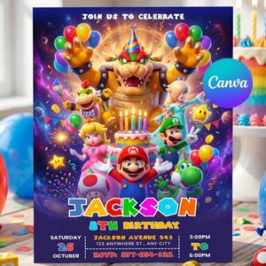 Puede incluir: Una colorida invitación de cumpleaños con personajes de dibujos animados. La invitación incluye el nombre "Jackson" y el texto "8th Birthday". También se muestran la fecha, la hora y la información de RSVP.