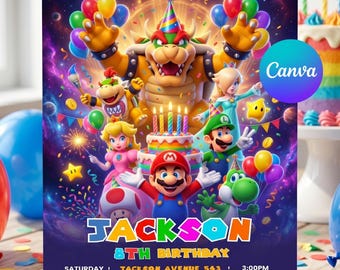 Zaproszenie urodzinowe Mario Galaxy, edytowalny szablon Canva, karta na imprezę z motywem gier dla chłopców z kosmosu, pliki do natychmiastowego pobrania!