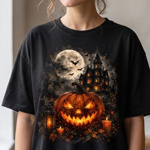 May include: A black t-shirt featuring a graphic print of a glowing jack-o'-lantern, a dark haunted mansion, a full moon, and flying bats. The design includes lit candles and a lantern, creating a detailed Halloween-themed illustration.
