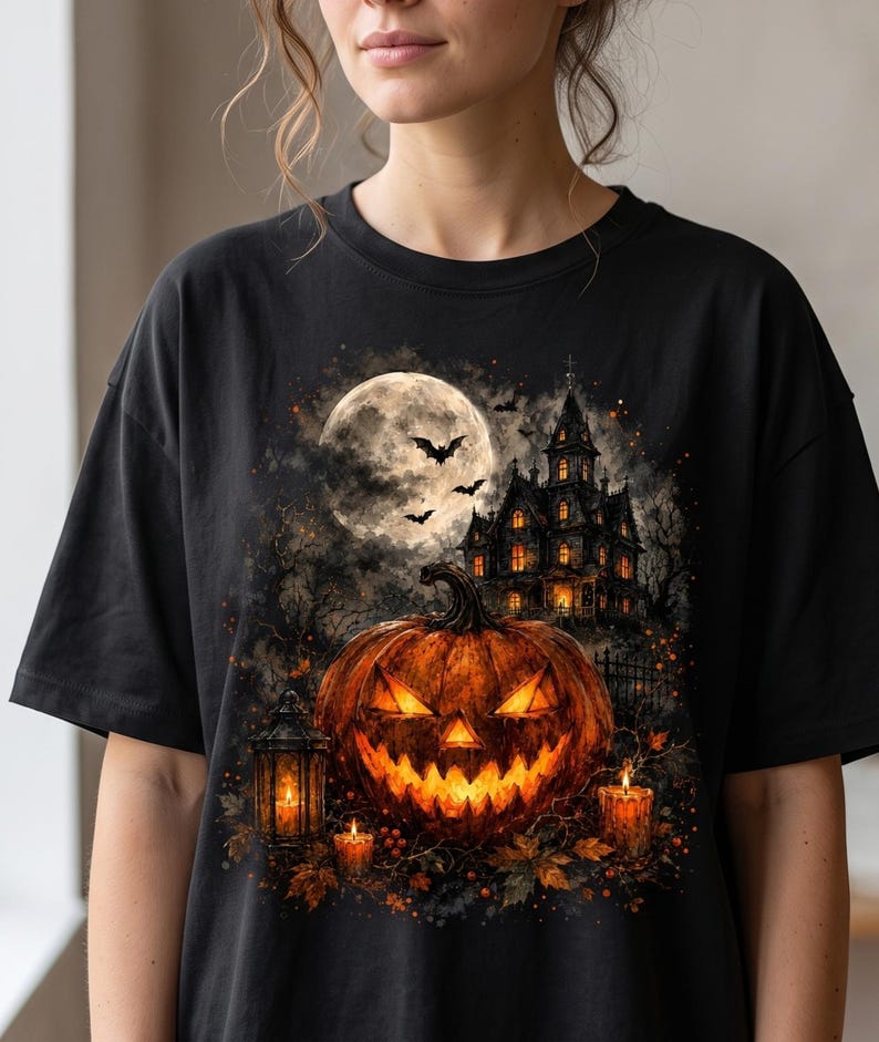 May include: A black t-shirt featuring a graphic print of a glowing jack-o'-lantern, a dark haunted mansion, a full moon, and flying bats. The design includes lit candles and a lantern, creating a detailed Halloween-themed illustration.