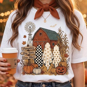 Tis The Season Ghost Trio PNG, Pumpkin Patch Ghosts Design, Farmhouse Halloween PNG, Checked Floral Polka Dot Ghosts, Fall Shirt PNG