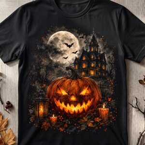 May include: A black short-sleeve t-shirt featuring a graphic print of a glowing jack-o'-lantern, a lit lantern, and candles in the foreground. The background displays a dark, spooky mansion under a large full moon with flying bats and trees.