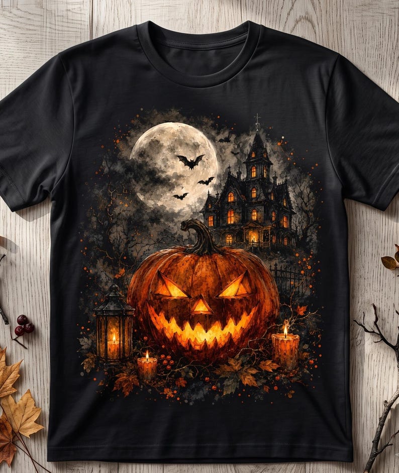 May include: A black short-sleeve t-shirt featuring a graphic print of a glowing jack-o'-lantern, a lit lantern, and candles in the foreground. The background displays a dark, spooky mansion under a large full moon with flying bats and trees.