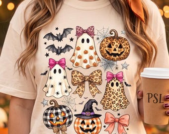 Coquette Leopard Pumpkin Ghost PNG, Retro Halloween Girly Ghost Sublimation, Retro Checkered Ghosts Pumpkin Cherries PNG, Cute Spooky Fall