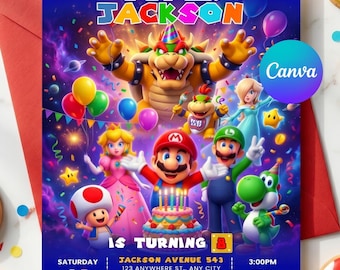 Zaproszenie urodzinowe Super Mario Galaxy, edytowalny szablon Canva, kolorowa karta na imprezę z grami w kosmosie, pliki do natychmiastowego pobrania dla Ciebie!!!