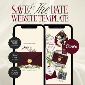 May include: A digital Save The Date website template for mobile phones featuring a burgundy envelope with a gold wax seal, floral accents, and wedding details. The design includes text elements like Julia & Charlie, RSVP, and The Details, with a Canva logo.