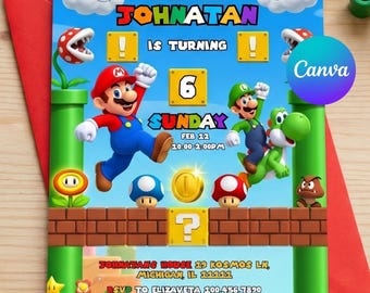 Edytowalny szablon zaproszenia urodzinowego Super Mario w formacie Canva, kolorowe zaproszenia na przyjęcie dla dzieci, pliki do wydrukowania i pobrania w formacie cyfrowym!