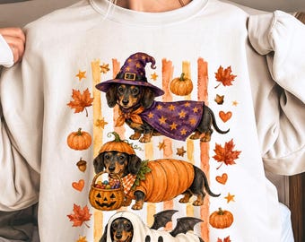 Halloween Dachshund PNG, uroczy wzór jamnika, upiorna koszulka z grafiką psa jamnika, jesienna sublimacja, pobieranie cyfrowe