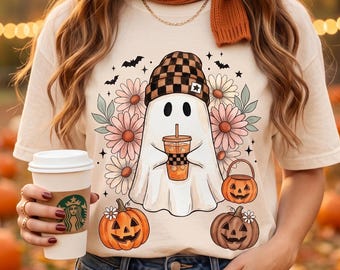 Trendy Ghost PNG Halloween Cute Retro Pumpkin Clipart Checker Hat Sublimation DTF Print Ready Download Files For You!!