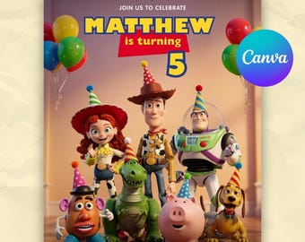 Zaproszenie urodzinowe Toy Story 5, edytowalne zaproszenie urodzinowe Toy Story, cyfrowe zaproszenie Toy Story do pobrania, zaproszenie z motywem Toy Story