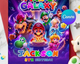 Zaproszenie urodzinowe Mario Galaxy, edytowalny szablon Canva, karta na imprezę z motywem gier dla chłopców z kosmosu, pliki do natychmiastowego pobrania!