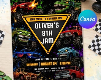 Zaproszenie na urodziny z motywem ciężarówki Monster Truck, zaproszenie na imprezę z motywem ciężarówki, edytowalny szablon, zaproszenie na urodziny chłopca, zaproszenie z motywem ciężarówki Monster Truck, Canva