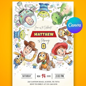 May include: A birthday invitation card featuring cartoon illustrations of characters including a space ranger, a cowboy, a cowgirl, a green dinosaur, a slinky dog, and three-eyed aliens. The text reads: Join us to Celebrate MATTHEW is turning 8, SATURDAY NOV 14 2026 2:00 PM, 245 CANYON ROAD, AUSTIN, TX 78701, RSVP TO EMILY AT 555-248-8190.