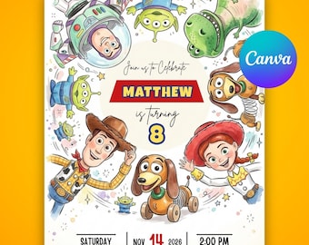 Szablon zaproszenia urodzinowego Toy Story | Edytowalne zaproszenie Canva | Karta na przyjęcie dla dzieci | Motyw Woody Buzz | Cyfrowe zaproszenie do pobrania natychmiast