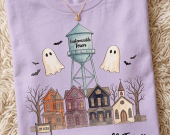 Spersonalizowane miasteczko Halloween PNG | Niestandardowa nazwa miasta i kod pocztowy | Sublimacja upiornej wioski | Projekt koszulki na jesień Halloween