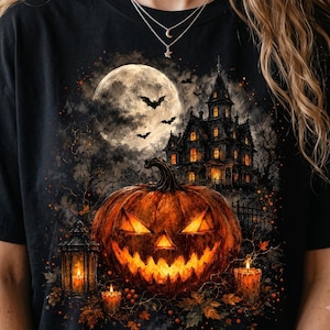 May include: A black t-shirt featuring a graphic print of a glowing jack-o'-lantern, a dark haunted mansion, a full moon, flying bats, and lit candles. The design includes orange and yellow highlights against a dark, atmospheric background.