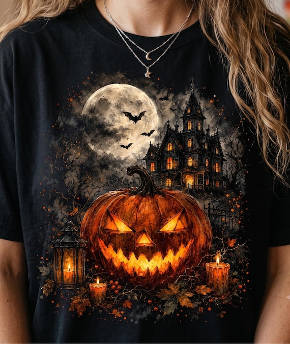 Vintage Jack O Lantern PNG, Haunted House Pumpkin Halftone Sublimation, Gothic Spooky Moon Graphic, Digital Download