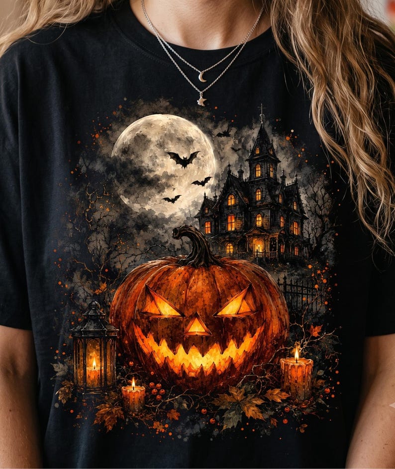 May include: A black t-shirt featuring a graphic print of a glowing jack-o'-lantern, a dark haunted mansion, a full moon, flying bats, and lit candles. The design includes orange and yellow highlights against a dark, atmospheric background.