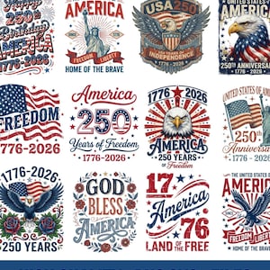 Op de afbeelding: Een verzameling patriottische ontwerpen in rood, wit en blauw, ter viering van de 250e verjaardag van Amerika. De ontwerpen bevatten adelaars, vlaggen, het Vrijheidsbeeld en tekstelementen zoals "Vrijheid".