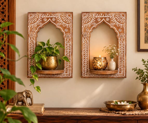 Hand Carved Wooden Wall Shelf Set of 2, Indian Mehrab Arch Niche Decor, Whitewashed Jharokha Shelf, Boho Rustic Wall Decor