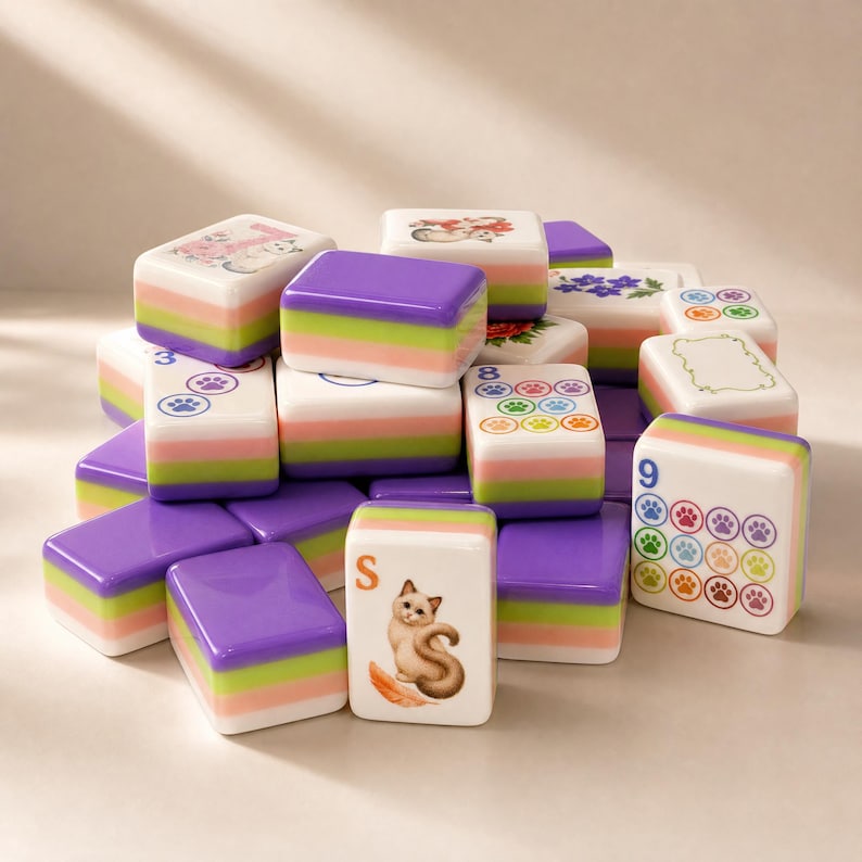 May include: A collection of rectangular game tiles featuring a layered design with purple, green, pink, and white bands. The tiles display various illustrations including cats, flowers, numbers, and colorful paw prints, with one tile showing the letter S.