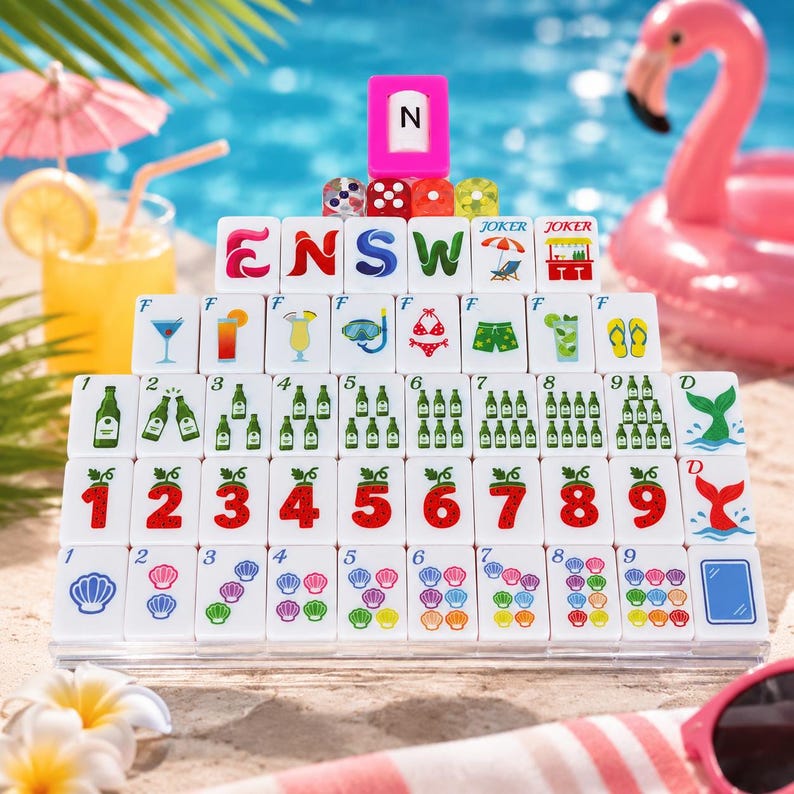 May include: A set of white mahjong tiles arranged in a pyramid, featuring colorful illustrations of tropical drinks, beach gear, green bottles, numbered strawberries, and seashells. A pink tile with the letter N sits at the very top of the stack.