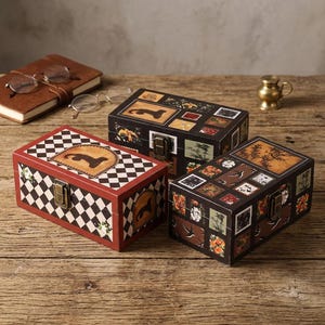 Könnte beinhalten: Drei dekorative Holzkisten mit Scharnierdeckeln. Die Kisten weisen verschiedene Designs auf, darunter ein Schachbrettmuster, florale Akzente und rechteckige Bilder. Die Kisten sind in Rot-, Schwarz- und Brauntönen gehalten und haben Metallverschlüsse.