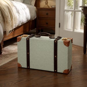 May include: A rectangular suitcase in a light mint green hue featuring a textured geometric pattern. It includes dark brown leather-like straps, a matching top handle, gold-toned metal corner reinforcements, and gold-toned latches on the top.