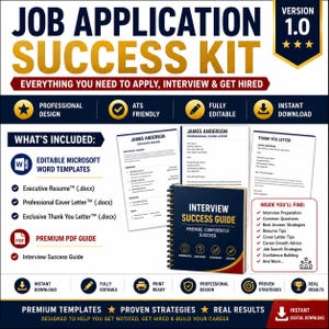 May include: A Job Application Success Kit featuring a spiral-bound Interview Success Guide, resume, cover letter, and thank you letter templates. The design includes navy blue, gold, and white text with icons for professional design, ATS friendly, and editable features.