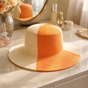Color Block Straw Hat Women Flat Top Sun Hat Wide Brim Summer Fedora Beach Vacation Hat Chic Resort Style Accessory