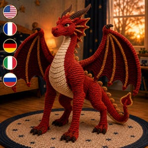 May include: A large, handcrafted crochet dragon toy featuring a vibrant red body with a cream-colored underbelly, dark brown horns, and expansive wings with yellow-gold trim. The creature stands on four legs with dark brown claws and a tail.