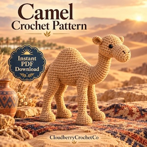 May include: A tan crochet camel toy with dark eyes, standing on a patterned rug. Text reads: Camel Crochet Pattern, Instant PDF Download, and CloudberryCrochetCo. The scene includes a small clay pot and a desert landscape background.