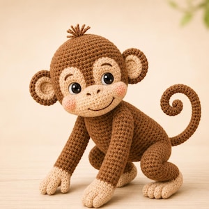May include: A crocheted monkey toy featuring a dark brown body with light beige hands, feet, and face. The monkey has large black safety eyes, a small stitched smile, pink blush on its cheeks, a tuft of hair on its head, and a curled tail.
