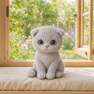 May include: A small, gray, crocheted stuffed cat with a rounded head, folded ears, and large, dark, expressive eyes. The plush toy features a soft, textured yarn surface, a small pink nose, and a seated posture with front paws placed together.