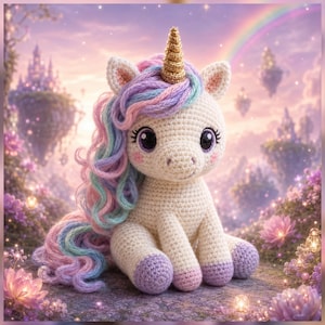 May include: A cream-colored crocheted unicorn plush toy featuring a textured gold horn, large dark eyes, and a long, flowing mane with pastel pink, blue, and purple yarn strands. The unicorn has light purple hooves and a soft, stitched appearance.