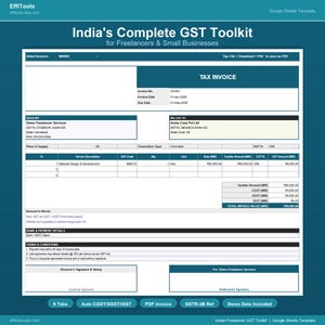 May include: A digital invoice template titled "India's Complete GST Toolkit" for freelancers and small businesses. The document includes sections for invoice details, billing information, service descriptions, and payment terms. The design is on a dark teal background.