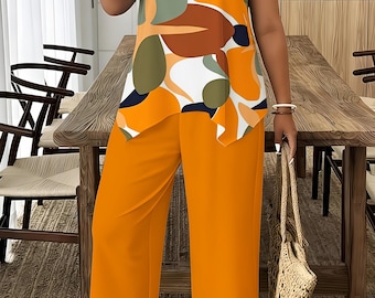 Women's Orange Abstract Print Sleeveless Tank Top and Pants Set – Casual Summer Outfit