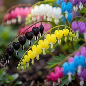 May include: A close-up of a cluster of bleeding heart flowers in various colors. The flowers are heart-shaped and hang from arching stems. Colors include yellow, black, pink, white, blue, and purple. Green leaves are visible in the background.
