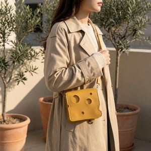 May include: A mustard yellow, square crossbody bag with circular cutouts, designed to look like a cheese slice. The bag has a long, thin strap and is worn over the shoulder. The bag is paired with a beige trench coat.