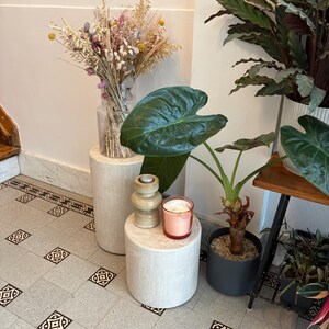 Op de afbeelding: Twee cilindrische, gebroken witte stenen sokkels tonen een heldere glazen vaas gevuld met droogbloemen, een beige keramische kaarsenhouder en een roze glazen kaars. Een Alocasia-plant in een donkergrijze pot staat op de vloer naast de sokkels.