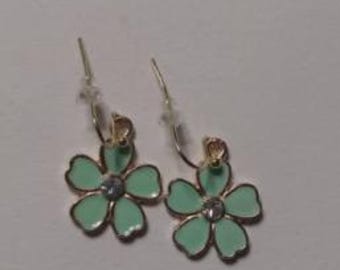 Mint Green Flower Dangle Earrings, Floral Enamel Earrings, Lightweight Jewelry for Women